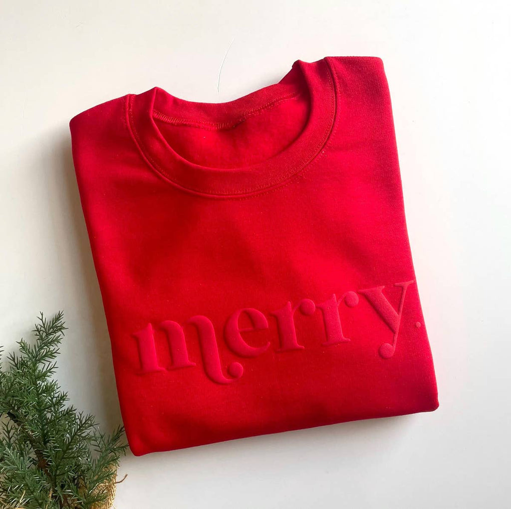 Retro Embossed Merry Holiday Sweatshirt - Red