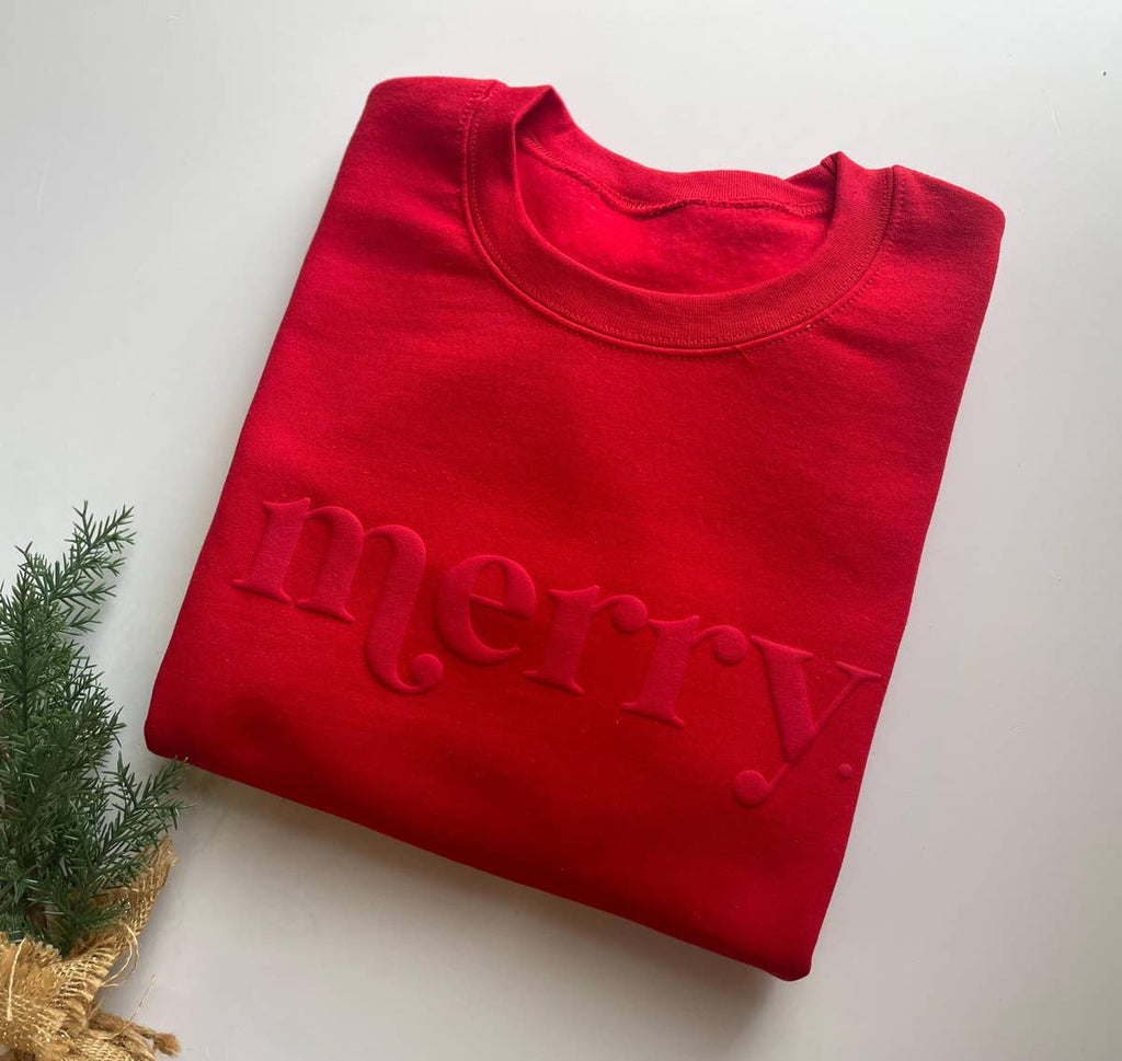 Retro Embossed Merry Holiday Sweatshirt - Red