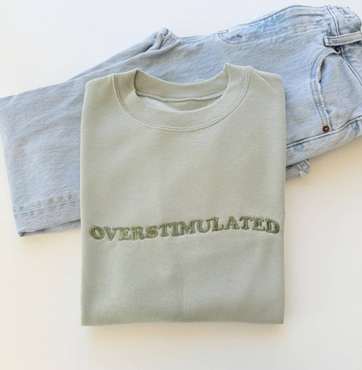 Embroidered Overstimulated Retro Sweatshirt - Bay Green