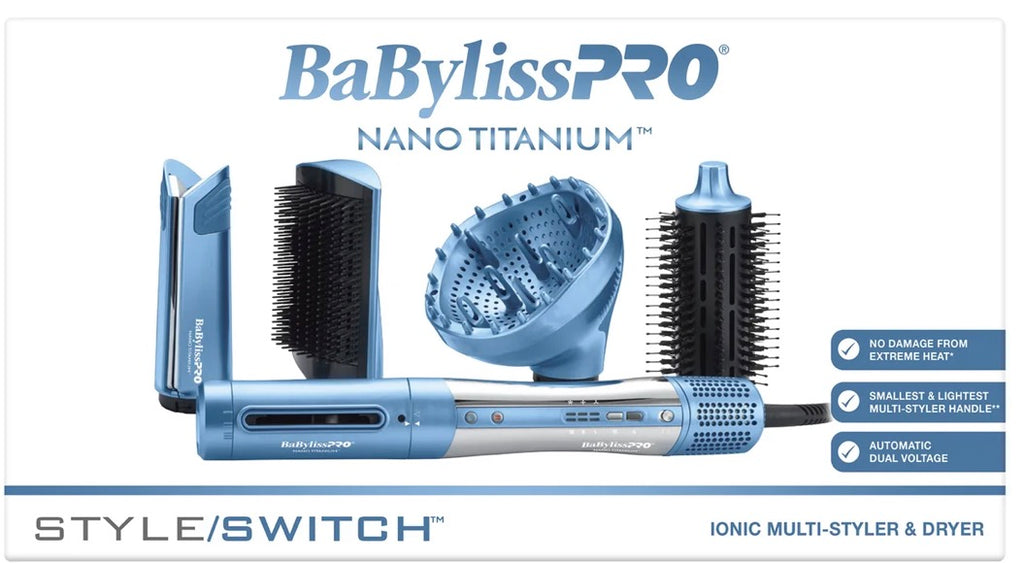 BaBylissPRO Nano Titanium Style/Switch box showing the handle and all attachments