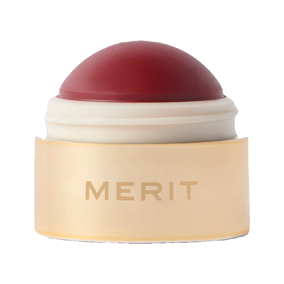 Merit Flush Balm Cheek Color in Postmodern, deep berry-red cream blush in gold compact